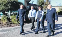  ?? PHOTO: SAMUEL WHITE ?? Stinger . . . Correction­s southern regional commission­er Ben Clark (left), Clutha Mayor Bryan Cadogan, acting prison director Lyndal Miles and prison director Jack Harrison (right) tour the Otago Correction­s Facility near Milburn at its 10year...