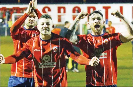  ?? PICTURE: Will Kilpatrick ?? TOP GUNS! Bromsgrove’s players celebrate going top of the league after the match against Tamworth