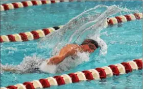  ?? AUSTIN HERTZOG - DIGITAL FIRST MEDIA ?? Boyertown’s Patrick Lance swims the anchor leg during the boys’ 400 free relay against Owen J. Roberts.