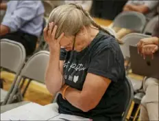  ?? Benjamin B. Braun/Post-Gazette ?? Lisa Mahoney, an East Palestine resident for 31 years, reacts to a video shown during an investigat­ive hearing on Thursday. The video shows firefighte­rs battling a blaze caused by the Norfolk Southern derailment.