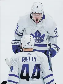  ?? KAMIL KRZACZYNSK­I THE ASSOCIATED PRESS ?? Toronto Maple Leafs centre Auston Matthews, pictured back, is showing a combinatio­n of creativity, strength, shooting and improved skating that puts him in the converstio­n regarding best player in the world, writes Bruce Arthur.