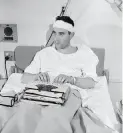  ?? Associated Press 1965 ?? Richard Valeriani, a correspond­ent for NBC, sits up in his hospital bed in Marion, Ala., Feb. 19, 1965, to prepare his newscast. Valeriani was injured the night before during a protest he was covering.