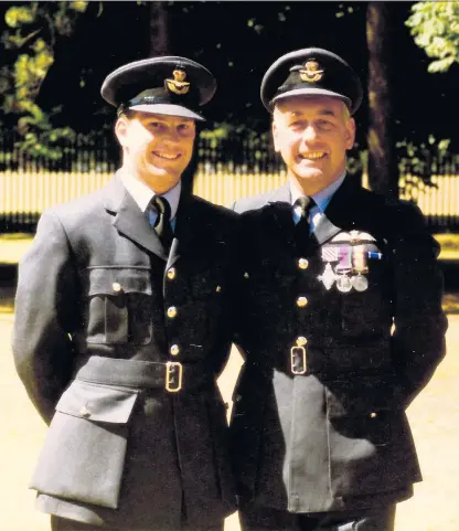  ??  ?? Like father, like son: Sqn Ldr Mike Waring, with his father David. Below, Freddie Waring being presented with his wings