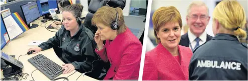  ??  ?? UNDER CONTROL First Minister Nicola Sturgeon, who met emergency call centre handlers yesterday, said she ‘unreserved­ly’ apologised for NHS delays