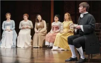  ?? ROGER MASTROIANN­I ?? Jillian Kates, left, Laura Welsh Berg, Courtney Hausman, Amy Keum and Kailey Boyle, as the Bennet sisters, and Eric Damon Smith, as Mr. Collins, perform in the Great Lakes Theater production of “Pride and Prejudice.”