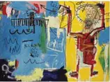 ?? ?? Stili In alto, di Alighiero Boetti, Entre chien et loup, stima 40-60 mila euro. Da Aste Bolaffi a Torino il 15 maggio. Sotto, Jean-michel Basquiat, Untitled (Elmar), stima 40-60 milioni di dollari, da Phillips a New York il 14 maggio