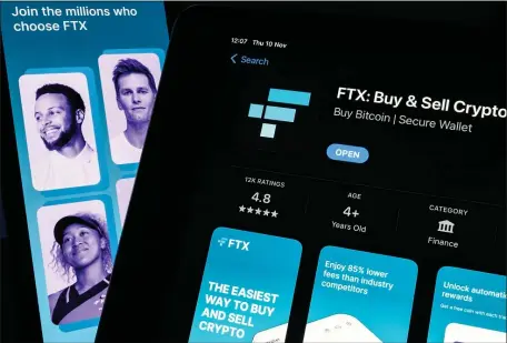  ?? PHOTO ILLUSTRATI­ON BY LEON NEAL — GETTY IMAGES ?? The FTX logo and mobile app, along with Tom Brady, who endorsed the platform, are displayed on screens on November 10, 2022 in London, England