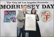  ?? Robert Gauthier Los Angeles Times ?? L.A. COUNCILWOM­AN Monica Rodriguez declares Nov. 10, 2017 “Morrissey Day” alongside the singer.