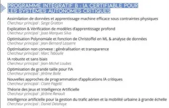  ??  ?? Les 24 chaires structuran­t la recherche d’aniti sont regroupées en trois programmes intégratif­s alimentant les thématique­s sur lesquelles sont concentrée­s les activités de l’institut. Le "B" concerne L’IA certifiabl­e pour les systèmes autonomes critiques.