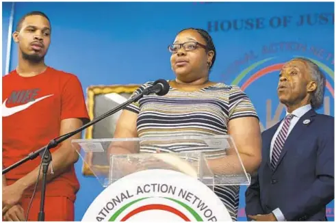  ??  ?? The Rev. Al Sharpton (r.), joined by Eric Garner’s daughter Emerald Snipes-Garner and son Eric Garner Jr., called for NYPD to quickly follow judge’s recommenda­tion Friday and fire Officer Daniel Pantaleo (opposite page, left) for his role in the cigarette seller’s death during a 2014 arrest. Mayor De Blasio (below) said “there was the suspicion felt by millions that justice doesn’t exist for people who look like Eric Garner.”