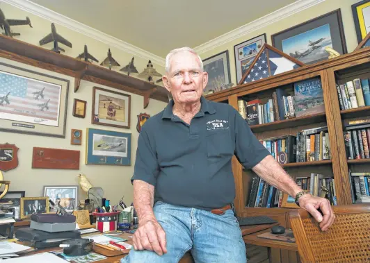  ?? Photos by Jerry Lara / Staff photograph­er ?? Models of different planes flown by Bob Pardo decorate his office at his home in College Station. At one point, he faced a court-martial for his “Pardo’s Push.”