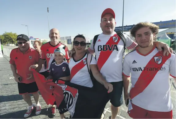  ?? Victor Besa / The National ?? River fans were in good spirits at the entrance to the Hazza bin Zayed Stadium before last night’s defeat to Al Ain