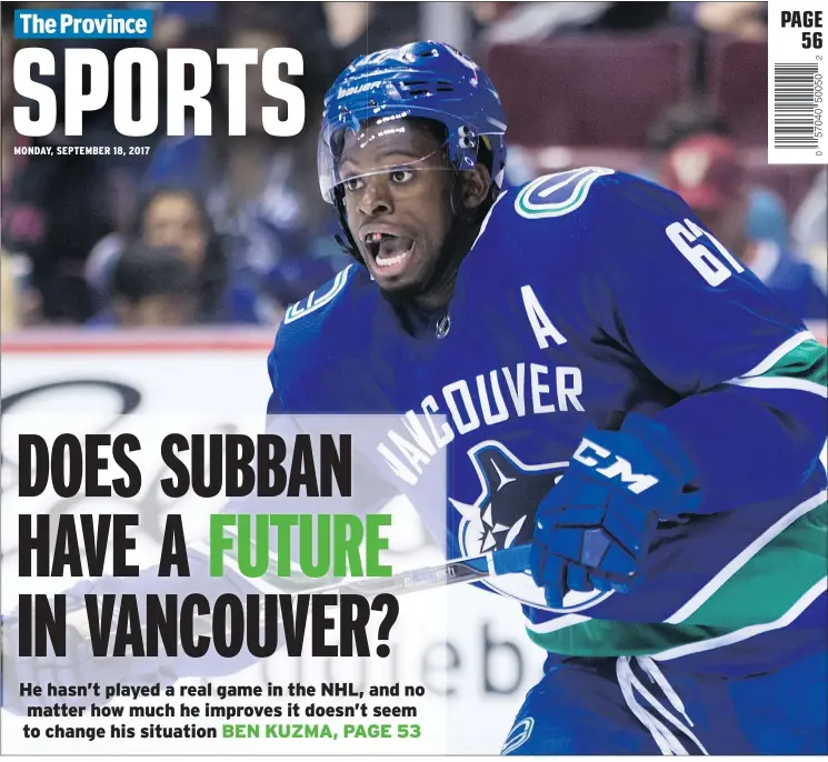  ?? — THE CANADIAN PRESS ?? Canucks’ Jordan Subban had a few shining moments Sunday against the visiting Vegas Golden Knights, but finished minus-2 in a 9-4 pre-season loss.