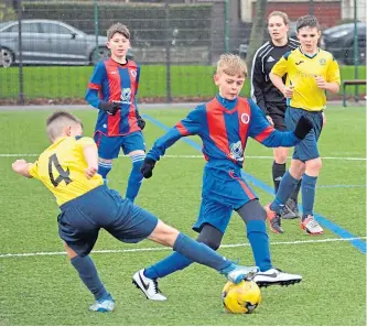  ??  ?? Action from Craigie 3G where Monifieth (red/blue) lost 2-0 to Milton in the U/13 Scottish Cup.