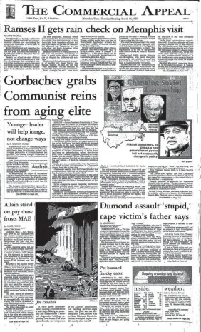  ?? THE COMMERCIAL APPEAL FILES ?? A historic front page from March 12, 1985.