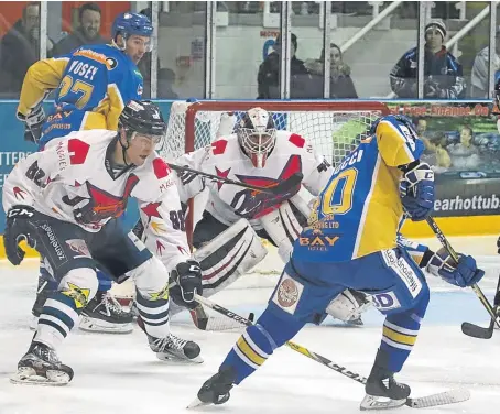  ??  ?? Dundee Stars defend a Fife Flyers attack. Omar Pacha’s side won in Kirkcaldy for the second time this season.