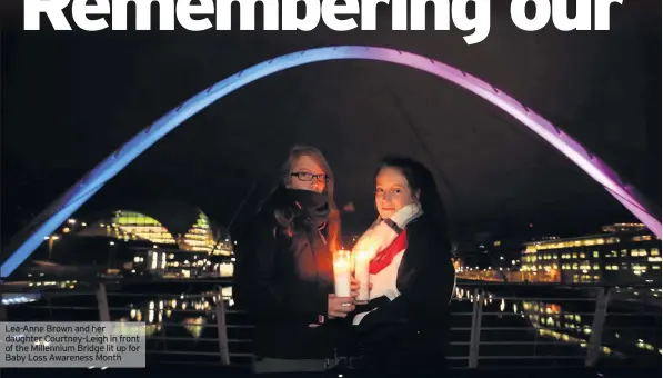  ??  ?? Lea-Anne Brown and her daughter Courtney-Leigh in front of the Millennium Bridge lit up for Baby Loss Awareness Month