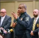  ?? JAY HARE — DOTHAN EAGLE VIA AP ?? Ozark (Ala.) Police Chief Marlos Walker comments during a press conference Monday announcing the arrest of Coley McCraney of nearby Dothan for the 1999 slayings of Dothan teens J.B. Beasley and Tracie Hawlett.