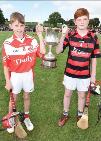 ??  ?? Shane O’Riordan, from Dromtariff­e, and Colin O’Leary, from Newmarket, with the John Joe Brosnan Memorial Cup at the Duhallow JAHC Final. Photo by John Tarrant
