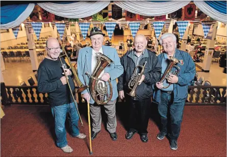  ?? MATHEW MCCARTHY WATERLOO REGION RECORD ?? John Emrich, left, Mathias Wolf, Steve Schatz and Reinhold Fritsch were members of the Transylvan­ia Club's Hofbrau Band that performed at the original K-W Oktoberfes­t in 1969. A thousand official Oktoberfes­t posters were ordered out of sight by the province’s liquor control board.