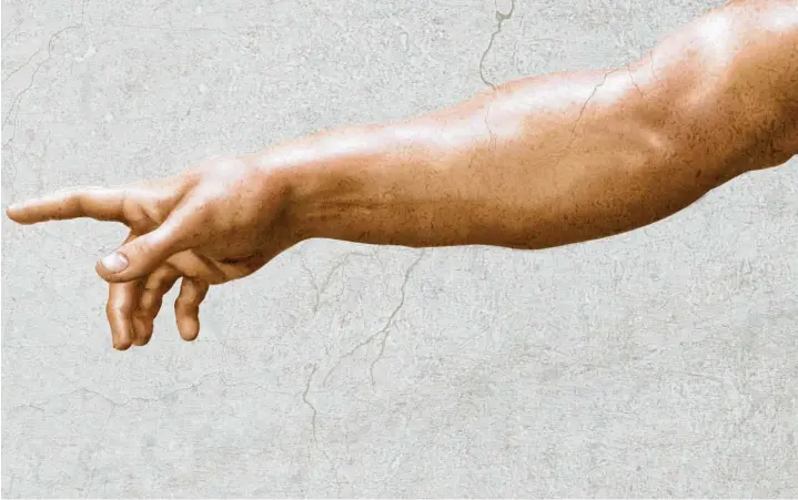  ?? Foto: Corona Borealis/stock.adobe.com ?? Der Mensch wie das All, eine Schöpfung Gottes? Isoliert aus dem Fresko in der Sixtinisch­en Kapelle: Die Erschaffun­g des Adam (links) aus der Genesis, gemalt von Michelange­lo.