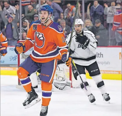  ?? BAKERSFIEL­D CONDORS/SPECIAL TO THE GUARDIAN ?? Charlottet­own native Josh Currie celebrates a goal during the 2016-17 AHL season.