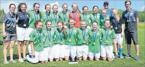  ?? JASON MALLOY/THE GUARDIAN ?? P.E.I. defeated New Brunswick 2-0 Sunday in Charlottet­own to win the Bell Aliant Atlantic under-13 girls’ soccer championsh­ip. Team members, front row, from left are Ria Johnston, Grace McQuaid, Katie Murphy, Paige MacLean, Zoe Olscamp, Kate Campbell...