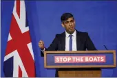  ?? TOBY MELVILLE — POOL PHOTO VIA AP ?? British Prime Minister Rishi Sunak speaks at a press conference at Downing Street in London on Monday.