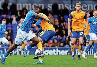  ?? BOOKED: MAN OF THE MATCH: ATTENDANCE: www.mphotograp­hic.co.uk ?? TEAM (3-5-2): Hinchliffe; Wright, Byrne, Hussey; Knoyle, Collar (Camps, 90), Croasdale, Sarcevic, Hippolyte (Stretton, 65); Madden (Capt.) (Olaofe, 71), Wootton. Unused Subs: Jaros, R. Johnson, Rydel, Rowe. Byrne, Sarcevic.
Croasdale. 10,155 (1,407 away). ●●Isaac Olaofe runs at the Mansfield backline during Saturday’s clash