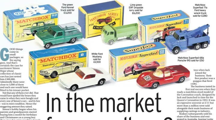  ??  ?? The green Ford Kennel truck sold for £3,200
White Ford Mustang sold for £2,100
Lime green ERF Dropside lorry sold for £6,200
Matchbox Superfast 71a Ford heavy wreck truck sold for £280
Matchbox Superfast 68a Porsche 910 sold for £50