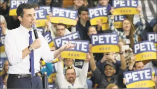  ??  ?? Democratic presidenti­al candidate and former South Bend, Ind. Mayor Pete Buttigieg speaks during a campaign rally on Sunday in Nashua, N.H.