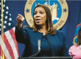  ?? SPENCER PLATT/GETTY ?? New York State Attorney General Letitia James has mounted a 3 ½-year inquiry that has cemented her as one of former President Trump’s chief antagonist­s.