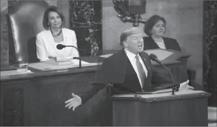  ?? - AP ?? Speaker of the House Nancy Pelosi watches as President Trump delivers his second State of the Union address to a joint session of the U. S. Congress in the House Chamber on Capitol Hill.