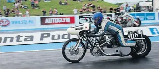  ?? ?? Ray Law’s double-engined Triumph was racing at Santa Pod some 50 years ago – and that’s still Ray himself aboard.