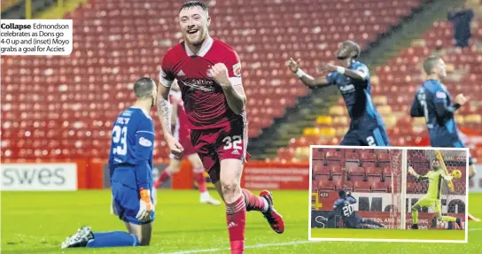  ??  ?? Collapse Edmondson celebrates as Dons go 4-0 up and (inset) Moyo grabs a goal for Accies