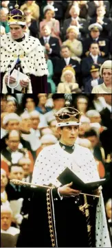  ??  ?? THE INVESTITUR­E The crowning of the Prince of Wales (with Olivia Colman as the Queen) at Caernarfon Castle, 1969