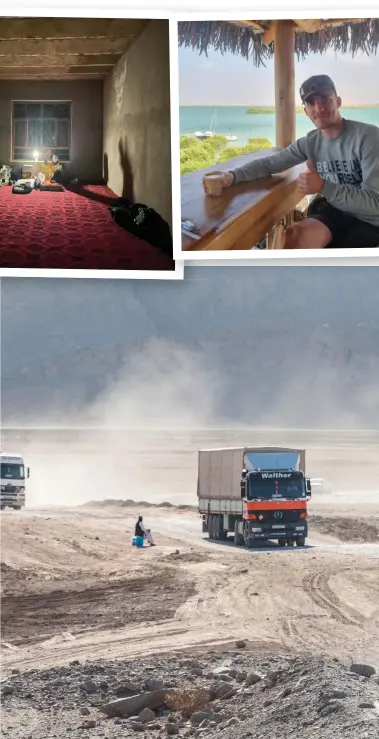  ?? Tomas Mac an t-Saoir ?? Clockwise from top left, cyclist Tomas Mac an t-Saoir in the Varzaneh Desert, Iran; the cyclist finds a place to sleep in Afghanista­n; en route to Dubai from Sharjah; at the citadel in Herat, Afghanista­n; on his way around the world on a cycling adventure eight years ago