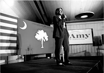  ?? MATT ROURKE/AP ?? Democratic presidenti­al hopeful Amy Klobuchar, D-Minn., campaigns Wednesday in Charleston, South Carolina.