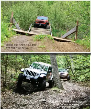  ??  ?? Bridge out. Know your trail and map your route.
Negotiatin­g some of the first challenges of our wheeling season.