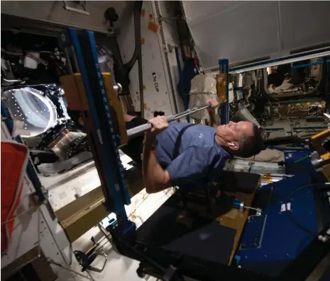  ?? Nasa ?? Astronauts on board the ISS can use resistance work-out equipment as part of their mandatory two hours of exercise a day