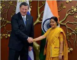  ?? — PTI ?? External affairs minister Sushma Swaraj ( right) with her Uruguayan counterpar­t, Mr Rodolfo Nin Novoa, during a meeting in New Delhi on Thursday.