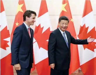  ??  ?? Trudeau with Xi on a visit to Beijing in 2016: a bilateral relationsh­ip as bad as it’s ever been