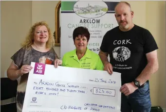  ??  ?? Mary and Colm Weadick, Friends of Philo present €823 to Mary O’Brien, Arklow Cancer Support.