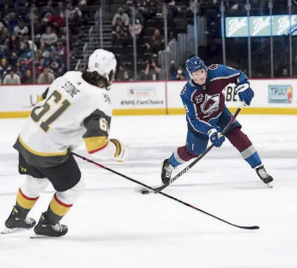  ?? RJ Sangosti, The Denver Post ?? Avalanche defenseman Cale Makar takes a shot against the Vegas Golden Knights in the second round of the Stanley Cup Playoffs. Makar made about $1.94 million on his expiring entry-level contract. He can expect a signficant raise.