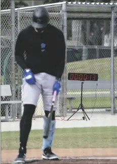  ?? JEFF ROBERSON/AP ?? MIAMI MARLINS’ JORGE SOLER steps into the batter’s box as a pitch clock is seen in the background during spring training baseball practice on Sunday in Jupiter, Fla.