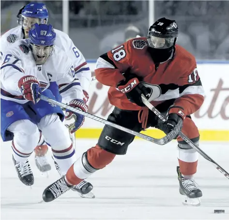  ?? ADRIAN WYLD/THE CANADIAN PRESS ?? Montreal Canadiens left wing Max Pacioretty tries to chase down Ottawa Senators left wing Ryan Dzingel during second period hockey action at the NHL 100 Classic, in Ottawa on Saturday, Dec. 16.