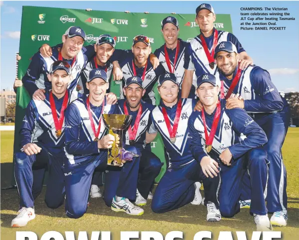  ??  ?? CHAMPIONS: The Victorian team celebrates winning the JLT Cup after beating Tasmania at the Junction Oval. Picture: DANIEL POCKETT