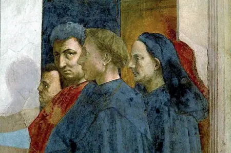  ??  ?? Da sinistra: Masolino, Masaccio (autoritrat­to), Alberti e Brunellesc­hi (Cappella Brancacci)