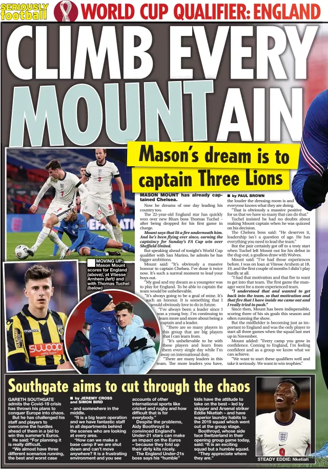  ??  ?? 46
■
MOVING UP: Mason Mount scores for England
(above), at Vitesse Arnhem (left) and with Thomas Tuchel
(below)