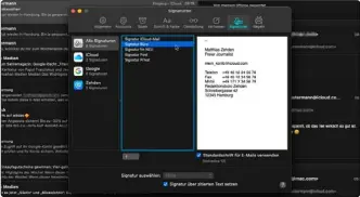  ?? ?? In „Mail > Einstellun­gen > Signaturen“kannst du einfache Textsignat­uren anlegen und Konten zuordnen. Diese lassen sich dann beim Schreiben von E-mails auswählen.